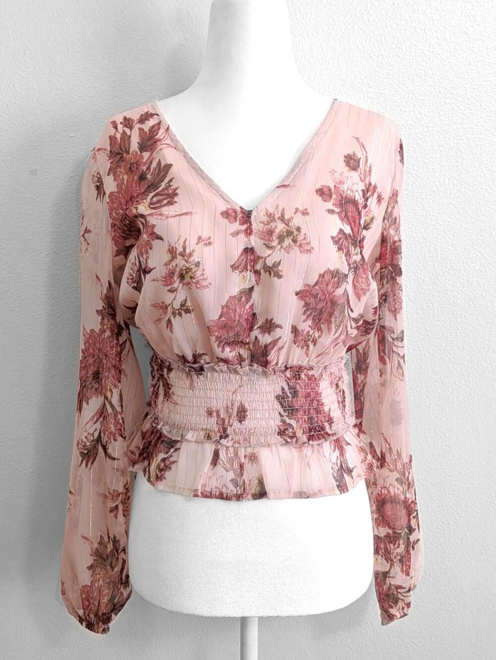 Venus Pink Sheer Coquette Floral Print Long Balloon Sleeve Blouse | Size XS